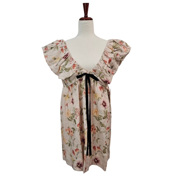 OPT NWT Womens Floral Linen Mini Dress Ruffle Sleeve Small Feminine Coquette - Picture 2 of 13